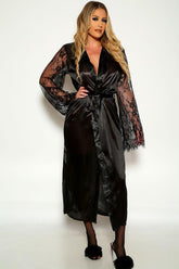 Black Long Sleeve Faux Satin Lace Belted Robe Areous